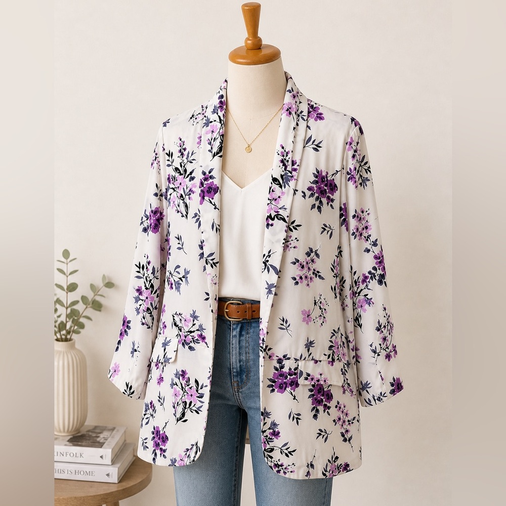 Worthington White Blazer/Jacket with Purple Floral Design Womens Size XL